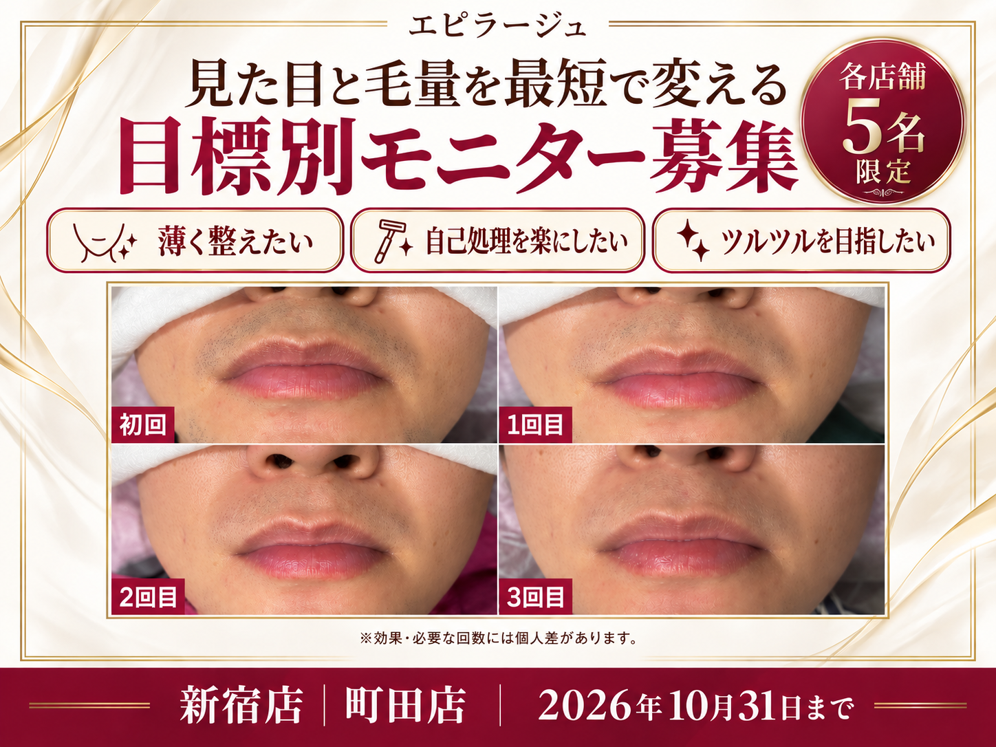見た目と毛量を最短で変える。目標別モニター募集。薄く整えたい・自己処理を楽にしたい・ツルツルを目指したい。各店舗5名限定、新宿店・町田店、2026年10月31日まで。ヒゲの初回から3回目までの施術経過。効果・必要な回数には個人差があります。
